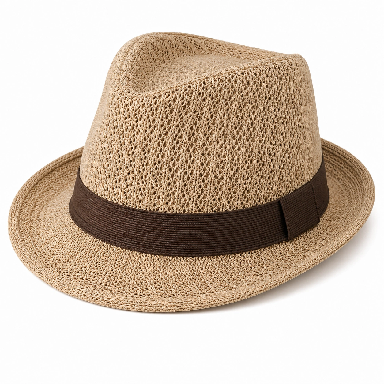 Beżowy kapelusz fedora z brązową wstążką-ROOMNARIS
