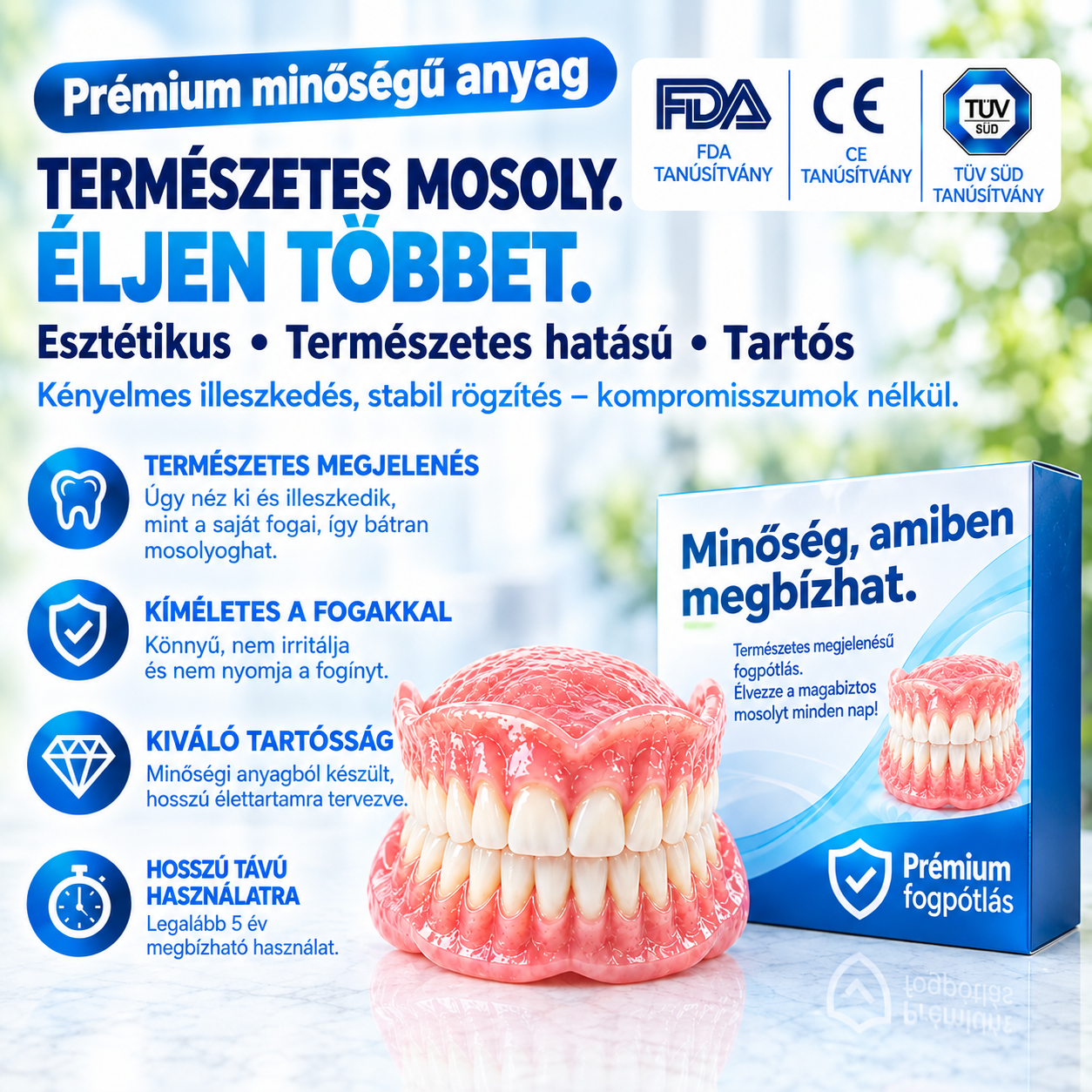 PMMA fogászati műgyantából készült fogpótlások – természetes fogszín, nagyfokú tartósság és kényelmes illeszkedés a szájüreghez.