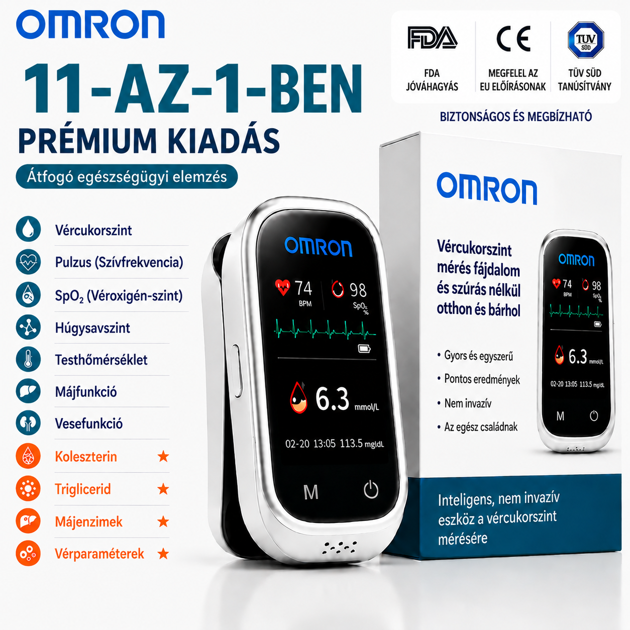 🩸 Omron™ 11 az 1-ben tű nélküli vércukormérő • Szúrás nélkül • Tesztcsík nélkül • Eredmények mindössze 5 másodperc alatt