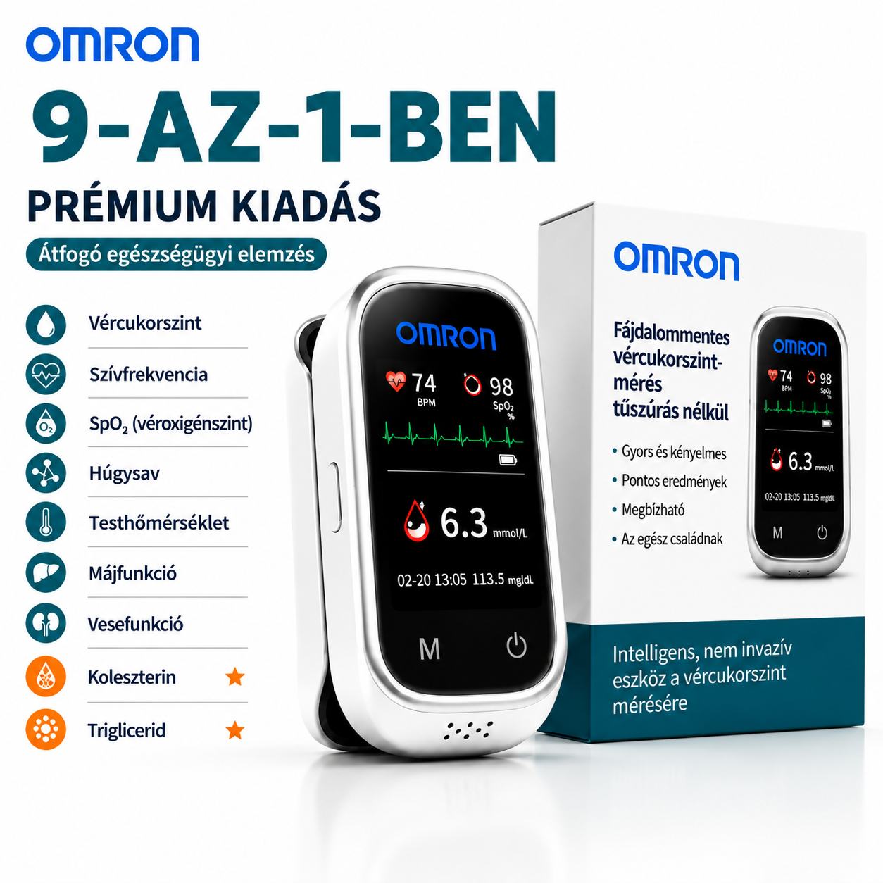 🩸 Omron™ 11 az 1-ben tű nélküli vércukormérő • Szúrás nélkül • Tesztcsík nélkül • Eredmények mindössze 5 másodperc alatt