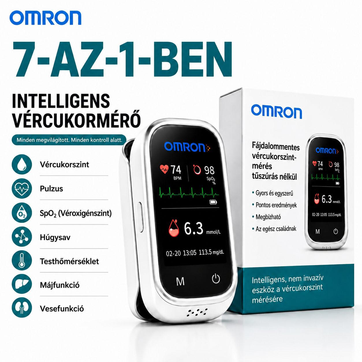 🩸 Omron™ 11 az 1-ben tű nélküli vércukormérő • Szúrás nélkül • Tesztcsík nélkül • Eredmények mindössze 5 másodperc alatt
