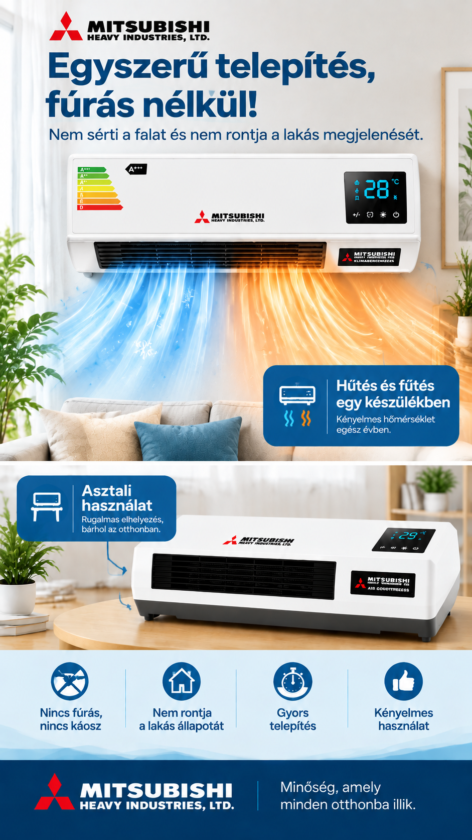 🏠 Mitsubishi Heavy Industries 2 az 1-ben klíma – fúrás nélkül, egyszerű telepítéssel! Gyors hűtés, erős fűtés, alacsony fogyasztás, csendes komfort és UV levegőtisztítás egész évben!
