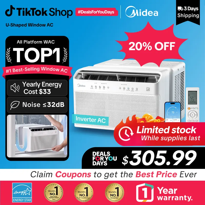 Midea 8,000 BTU U Shaped Smart Inverter Window Air Conditioner - Cools 350 Sq Ft, Ultra Quiet with Open Window Flexibility - Alexa/Google Assistant Compatible - 37% Energy Savings, Remote (Updated)