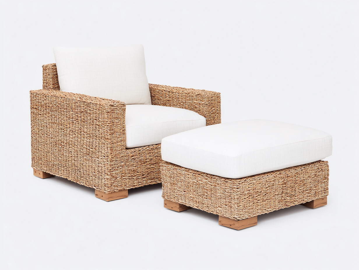 Polyrattan Gartensessel aus Polyrattan 100 x 160 x 82 cm - Natur-Weiß - mit Hocker für Außenbereich-Nadiohaven