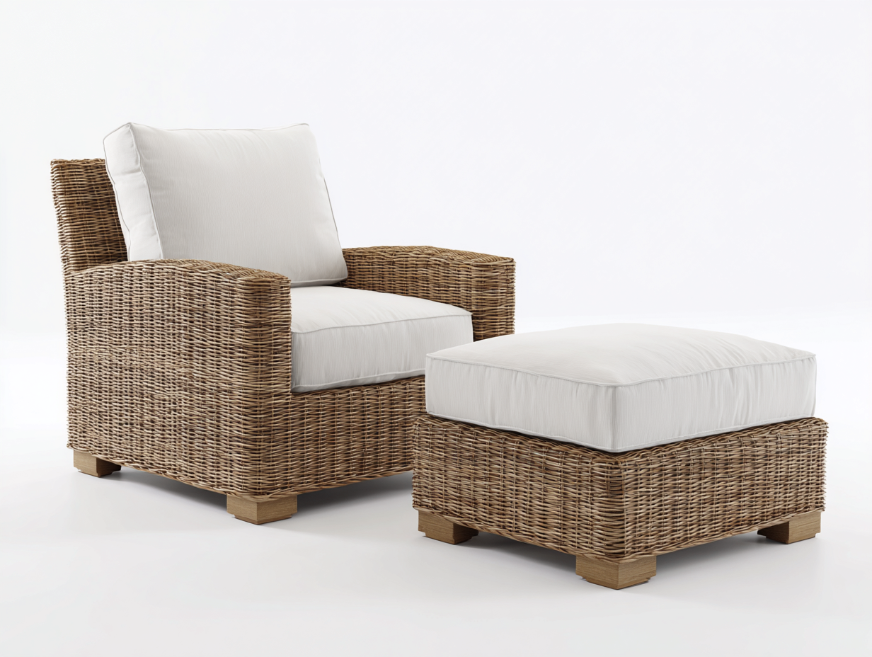 Polyrattan Gartensessel Set 105x90x75 cm - Naturbraun und Creme - mit Hocker-Nadiohaven