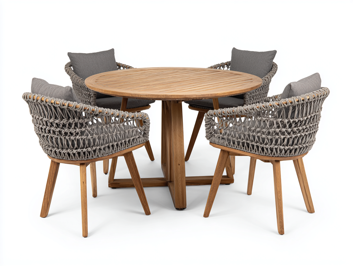 Garten Essgarnituren Holz 120x120x75 cm Braun-Grau - rundes Design mit 4 Stühlen-Namovihaus