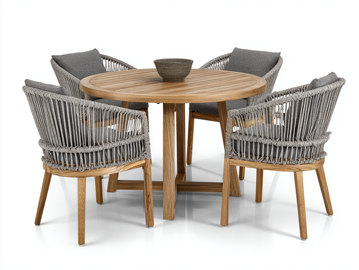 Garten Essgarnituren Akazienholz und Seilgeflecht 120x120x75 cm - Naturholz und Grau - rundes 5-teiliges Set-Namovihaus