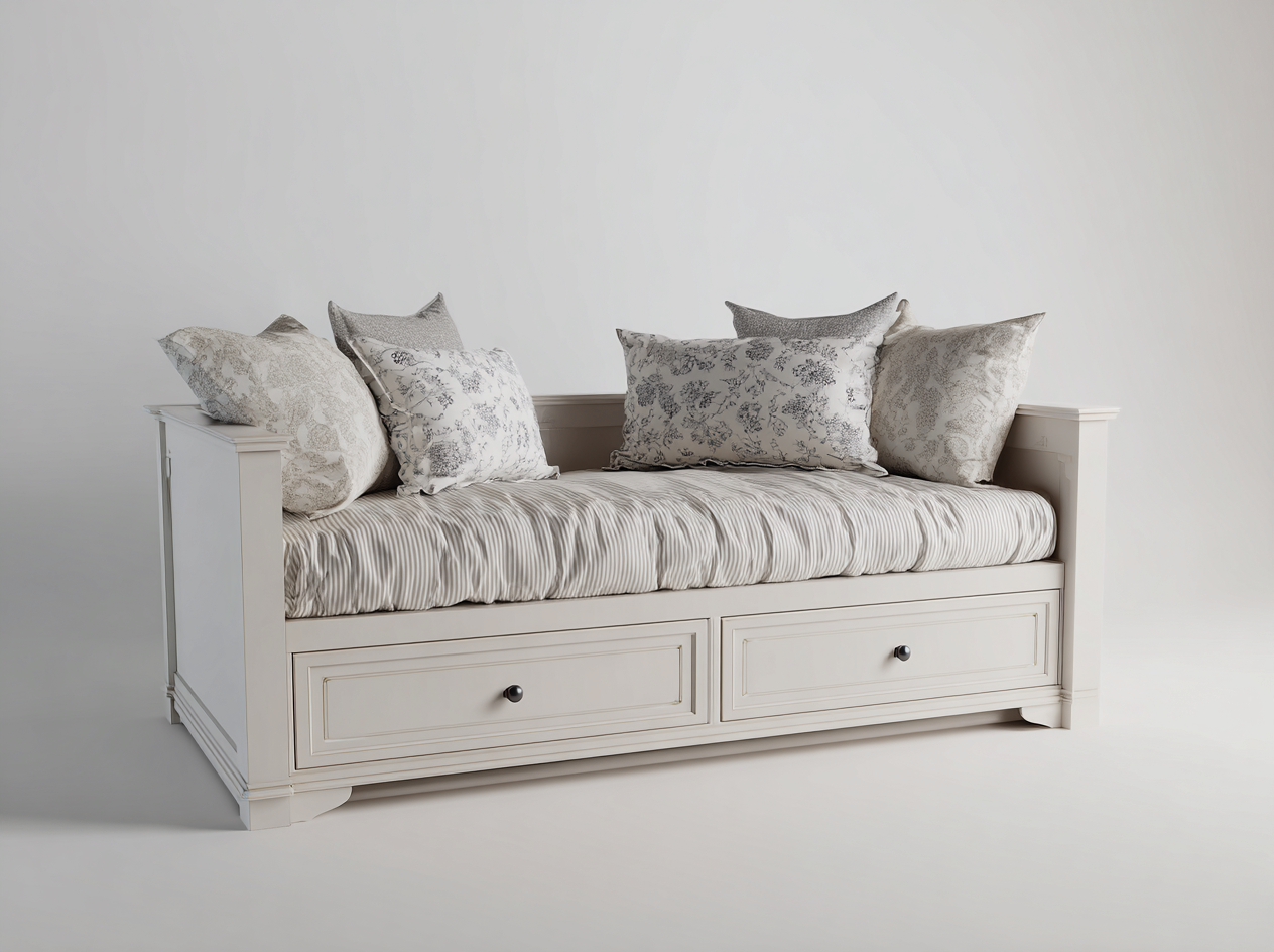 Schlafsofa 210x90x85 cm - Holzwerkstoff Cremeweiß mit Stoff Beige - klassischer Landhausstil-Rodiacasa