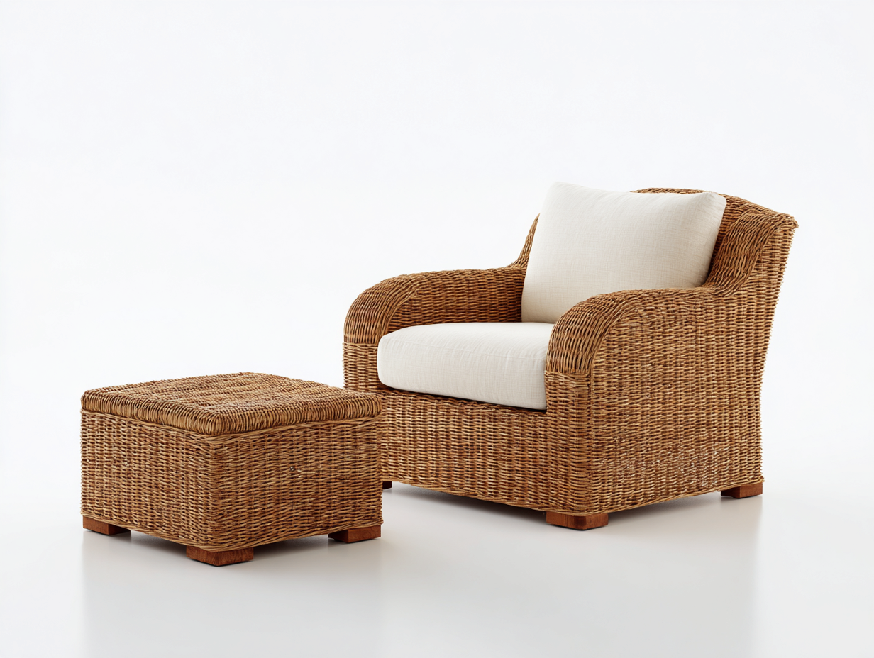 Geflechtsessel 90x85x88 cm - Rattan Natur mit Stoff Beige - klassischer Gartenstil-Rodiacasa