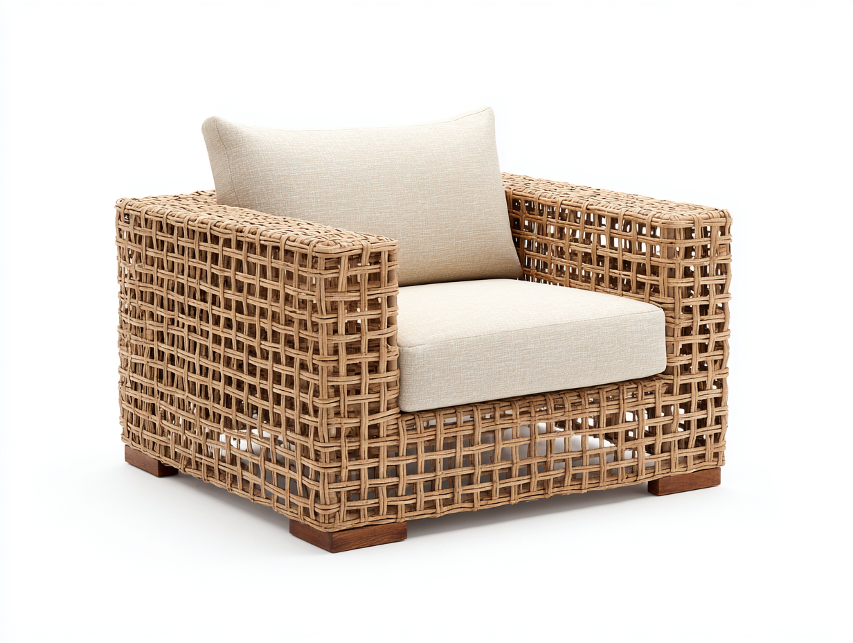 Geflechtsessel 95x85x78 cm - Rattan Natur mit Stoff Beige - moderner Gartenstil-Rodiacasa