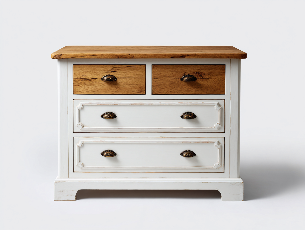 Kommode mit Schubladen Holzwerkstoff 95x42x85 cm - Weiß-Naturholz - Landhausstil mit 4 Schubladen-Rodiacasa