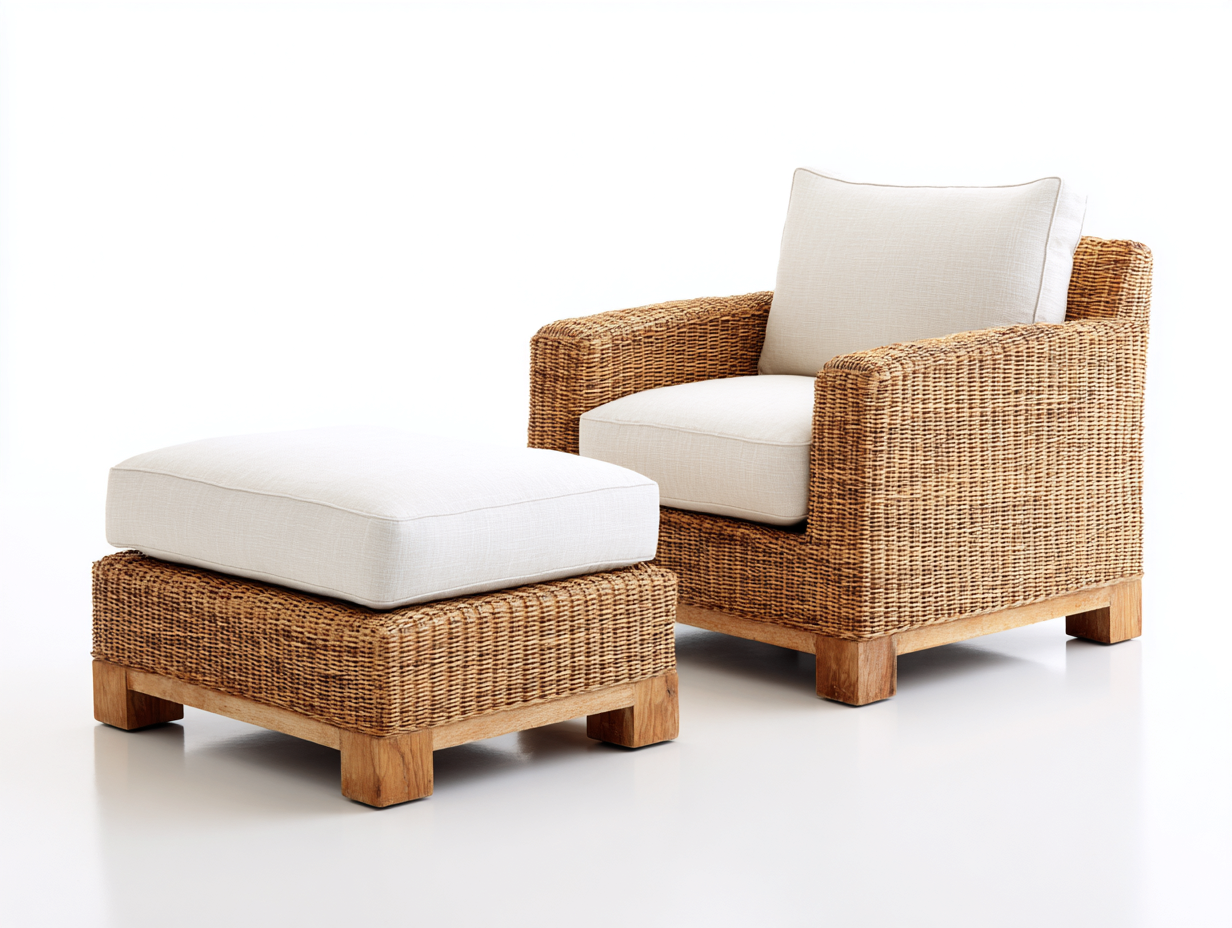 Geflechtsessel Rattan mit Hocker 75x78x82 cm - naturfarben-beige - moderner Lounge-Stil-Rodiacasa