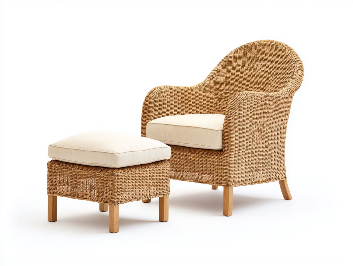 Geflechtsessel Rattan 72x74x92 cm - Naturfarben-Beige - mit Hocker für den Garten-Rodiacasa