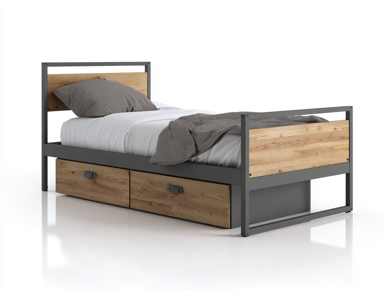 Einzelbett Metall und Holzwerkstoff 205x100x96 cm - Naturholz-Grau - mit 2 Schubladen-Rodiacasa
