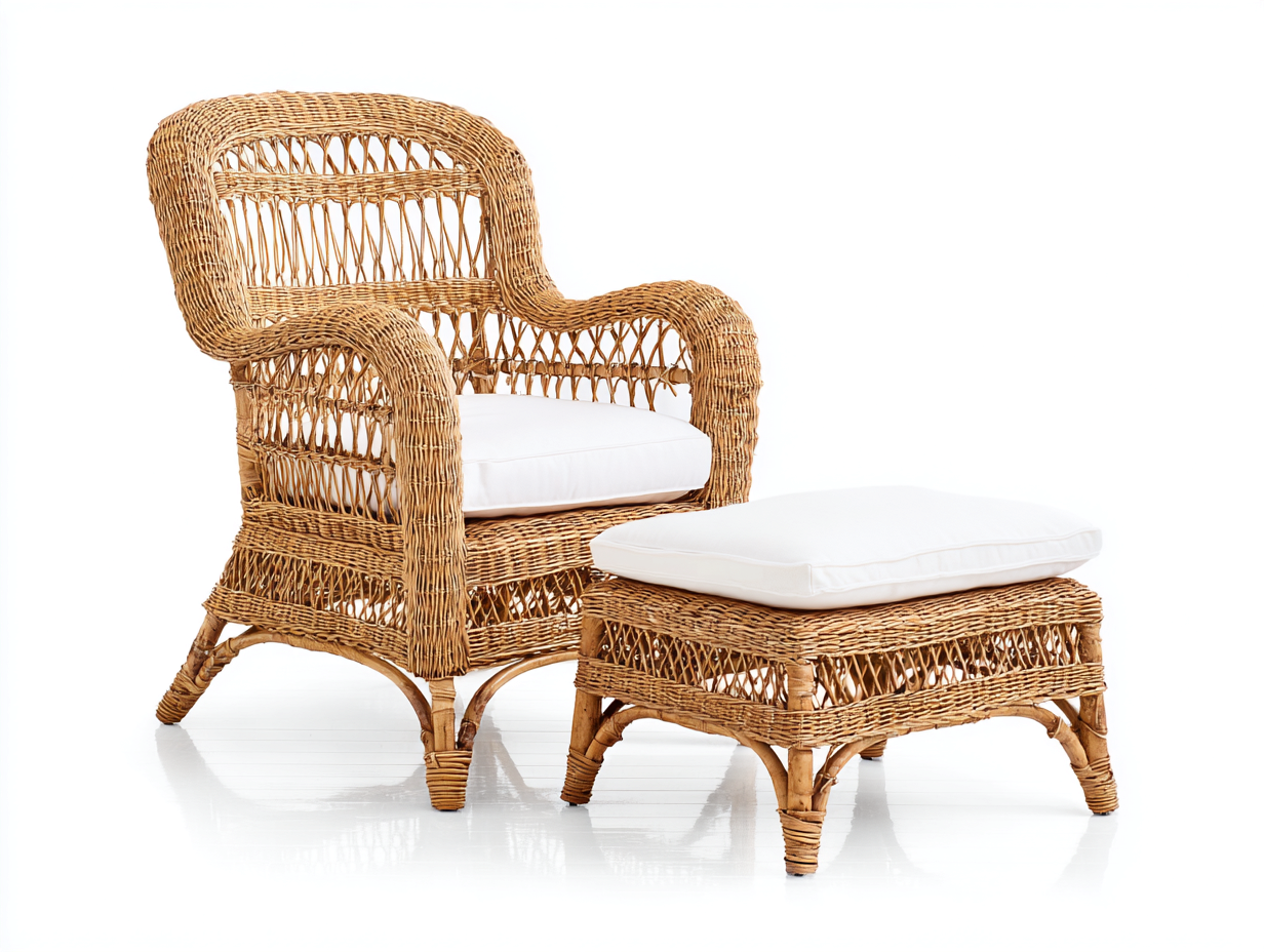 Geflechtsessel Rattan 74x76x93 cm - Naturfarben-Weiß - mit Hocker für den Garten-Rodiacasa