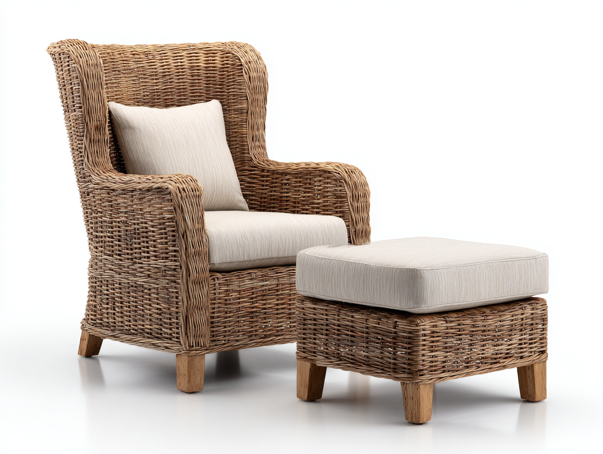 Geflechtsessel Rattan Stoff 90x92x105 cm Natur-Beige für Garten - Klassisches Lounge Design mit Hocker-Rodiacasa