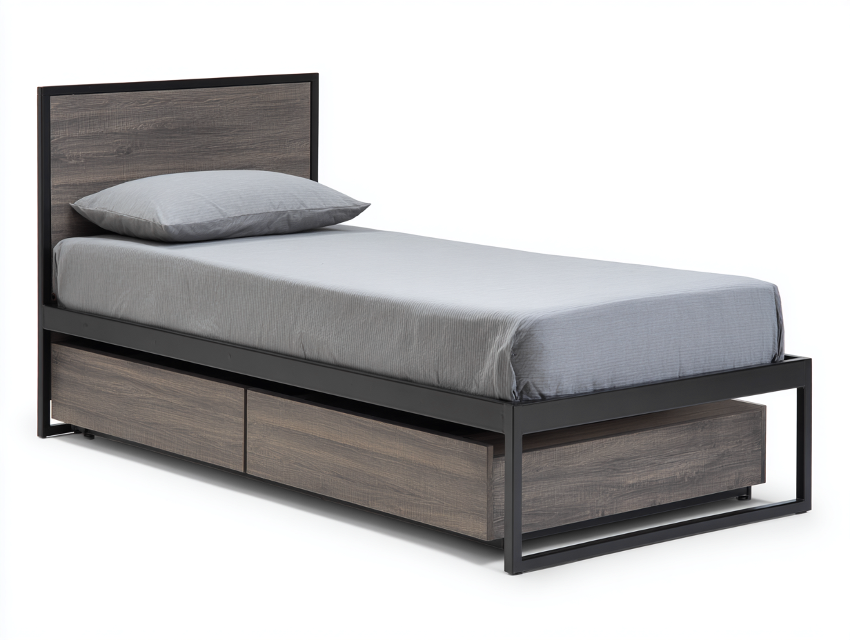 Einzelbett Metall und Holzwerkstoff 205x98x100 cm - Braun-Schwarz - mit 2 Schubladen-Rodiacasa