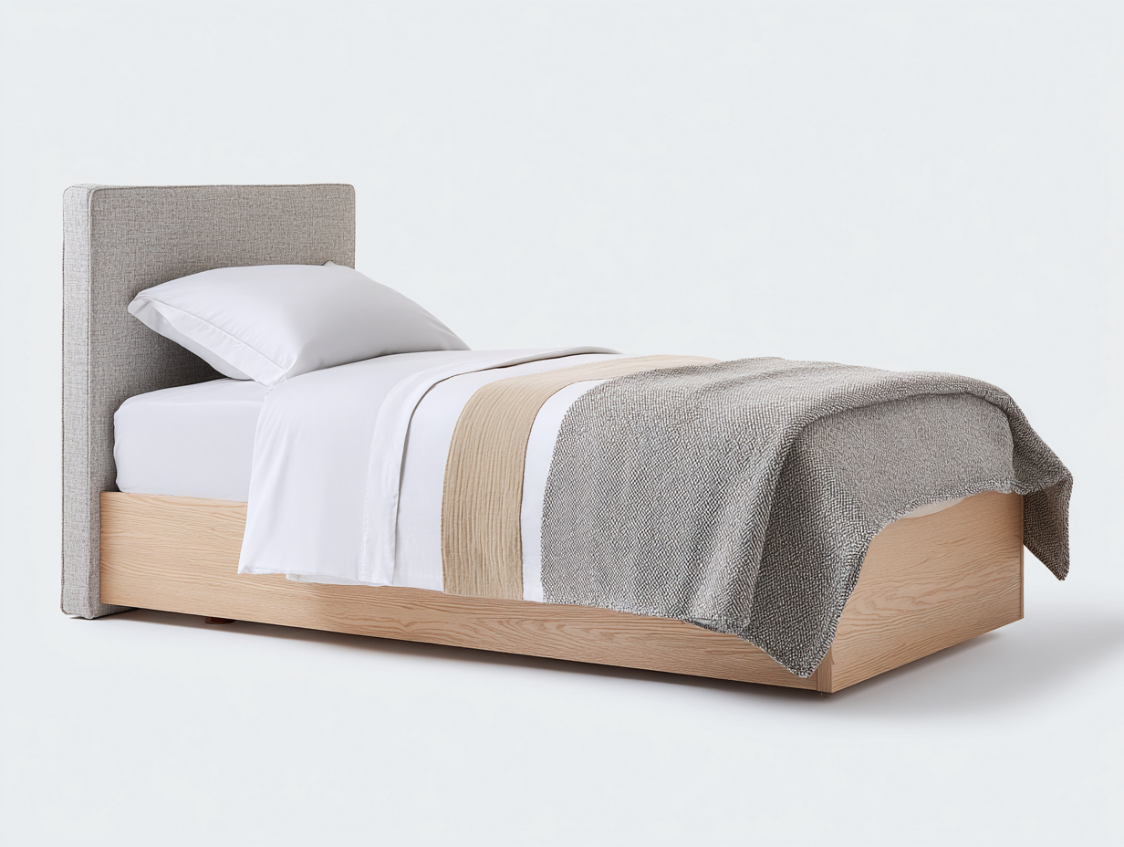 Einzelbett 205x100x105 cm - Holzoptik Natur und Stoff Grau - moderner Wohnstil-Rodiacasa