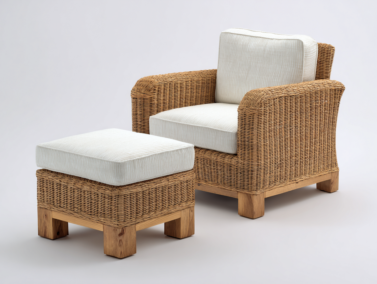 Geflechtsessel Rattan 90 x 85 x 82 cm - Natur-Creme - für Wohnzimmer und Wintergarten mit Hocker-Rodiacasa