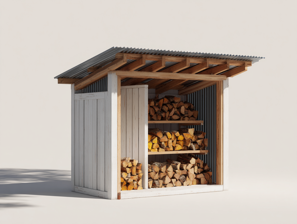 Kaminholzregal Holz und Metall 180x90x190 cm - Weiß-Natur - Modernes Gartendesign-Solendanest