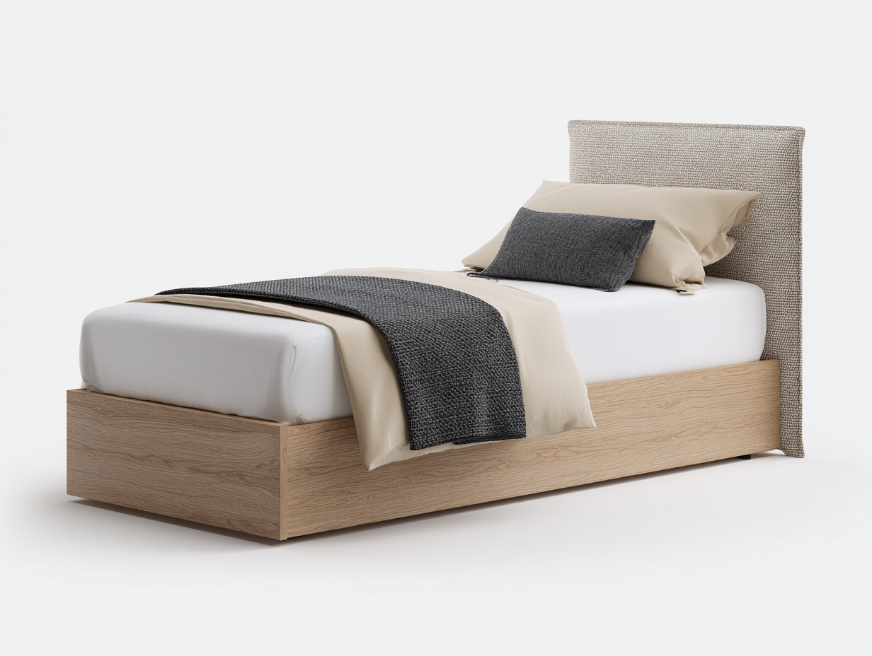 Einzelbett Holz Stoff 210x100x96 cm Naturholz-Grau für Schlafzimmer - Modernes Design mit gepolstertem Kopfteil-Solendanest