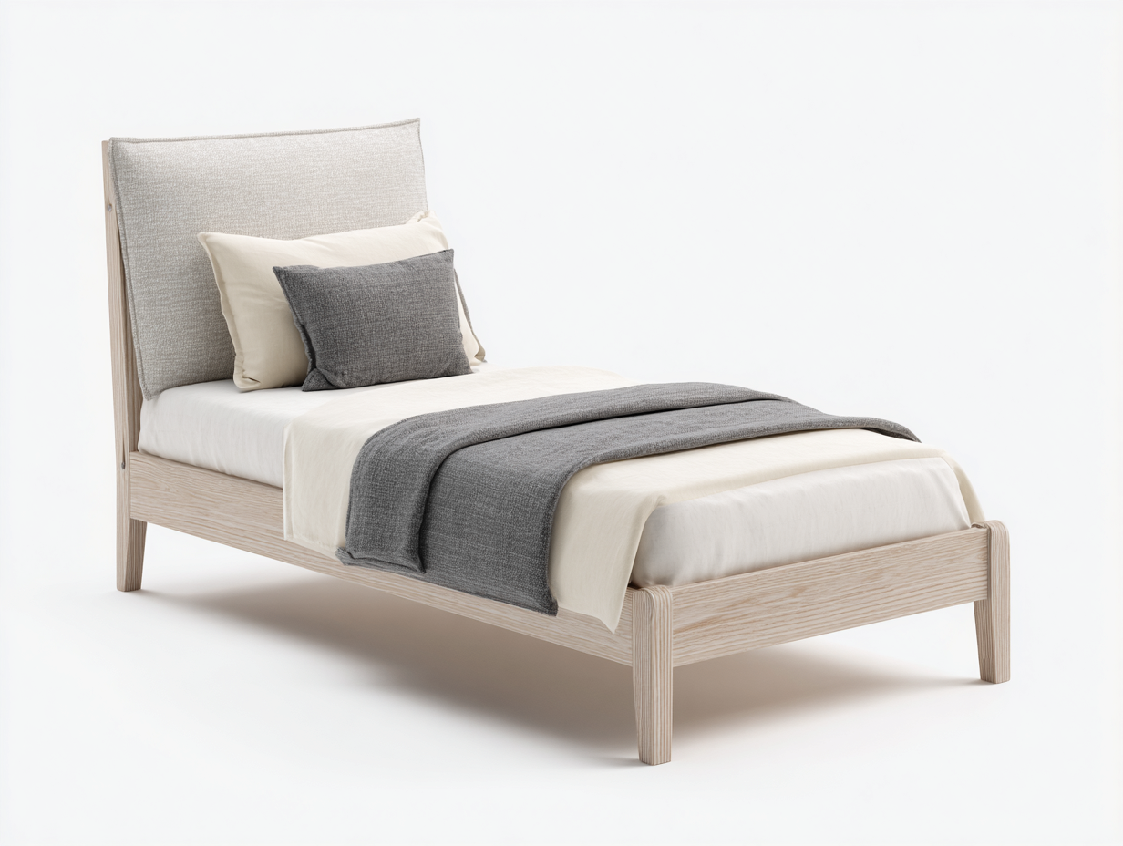 Einzelbett Holz und Stoff 205 x 100 x 104 cm - Natur-Grau - für Schlafzimmer mit gepolstertem Kopfteil-Solendanest