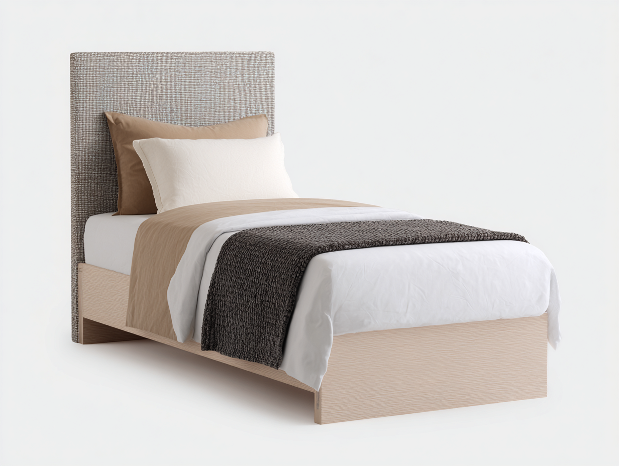 Einzelbett Holz und Stoff 205 x 100 x 103 cm - Natur-Grau - für Schlafzimmer mit gepolstertem Kopfteil-Solendanest