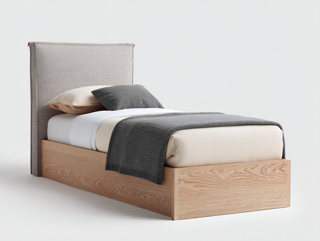 Einzelbett Holz und Stoff 205 x 100 x 105 cm - Natur-Grau - für Schlafzimmer mit gepolstertem Kopfteil-Solendanest