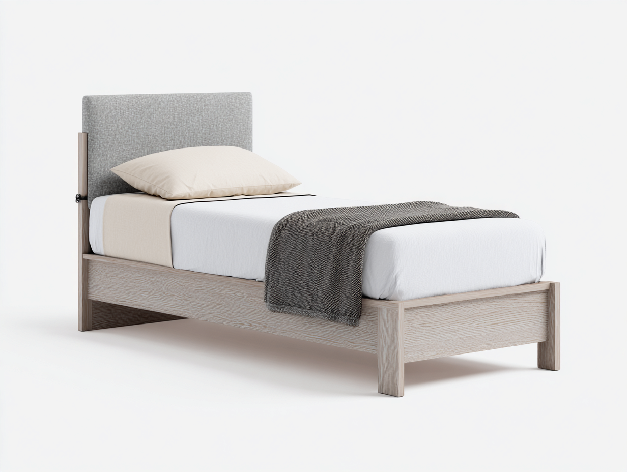Einzelbett Holz und Stoff 205 x 100 x 103 cm - Natur-Grau - für Schlafzimmer mit gepolstertem Kopfteil-Solendanest