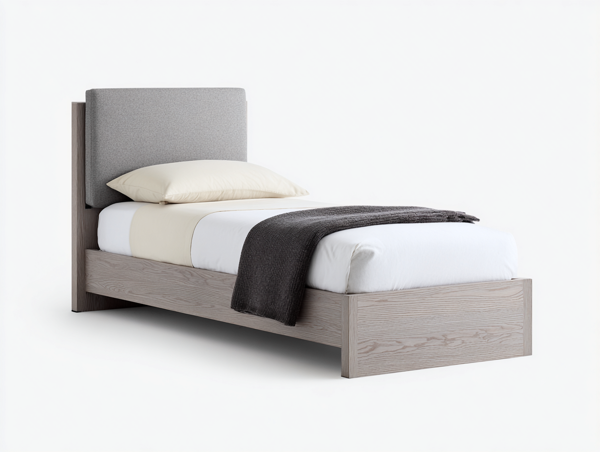 Einzelbett Holz Stoff 210x100x95 cm Grau-Naturholz für Schlafzimmer - Modernes Design mit gepolstertem Kopfteil-Solendanest