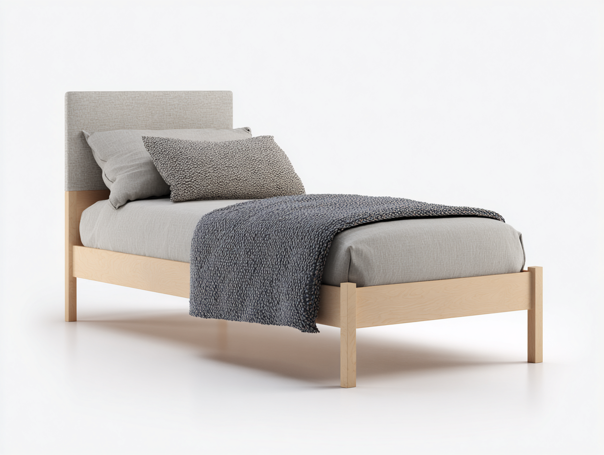 Einzelbett Holz Stoff 210x100x95 cm Naturholz-Grau für Schlafzimmer - Modernes Design mit gepolstertem Kopfteil-Solendanest