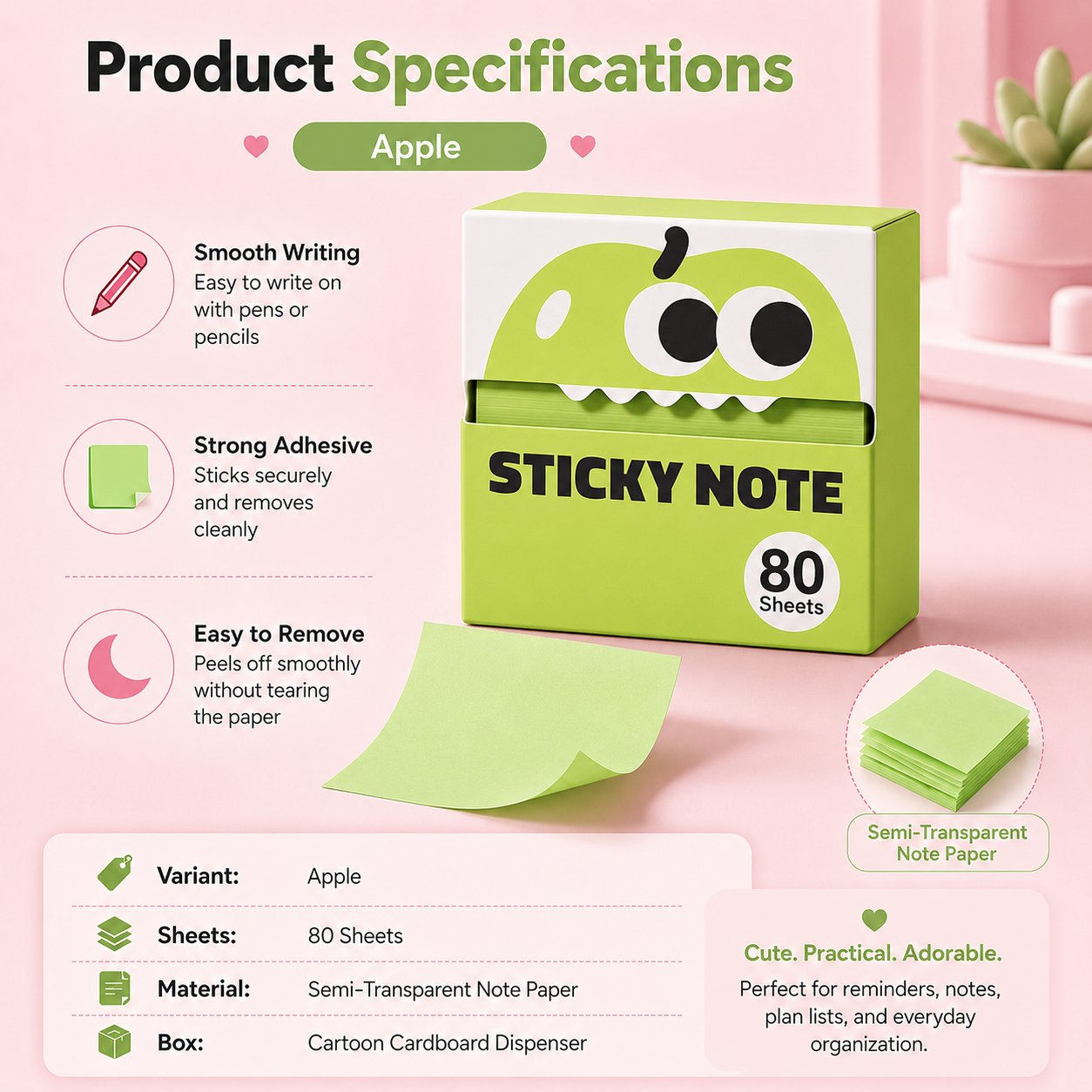 🍓 Fruit Monster Transparent Pull Out Sticky Notes | Semi-Transparent No Residue Index Tabs For Students & Office Marking