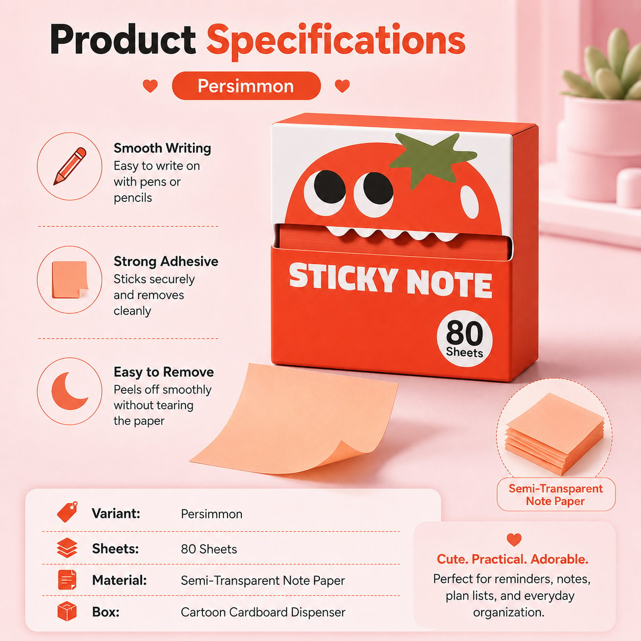 🍓 Fruit Monster Transparent Pull Out Sticky Notes | Semi-Transparent No Residue Index Tabs For Students & Office Marking