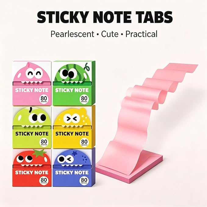 🍓 Fruit Monster Transparent Pull Out Sticky Notes | Semi-Transparent No Residue Index Tabs For Students & Office Marking
