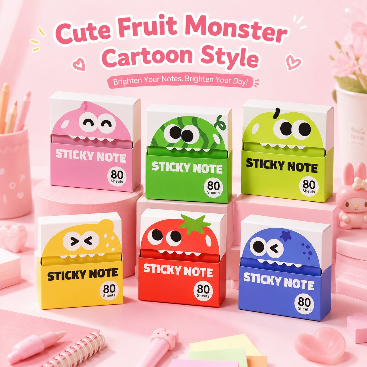 🍓 Fruit Monster Transparent Pull Out Sticky Notes | Semi-Transparent No Residue Index Tabs For Students & Office Marking