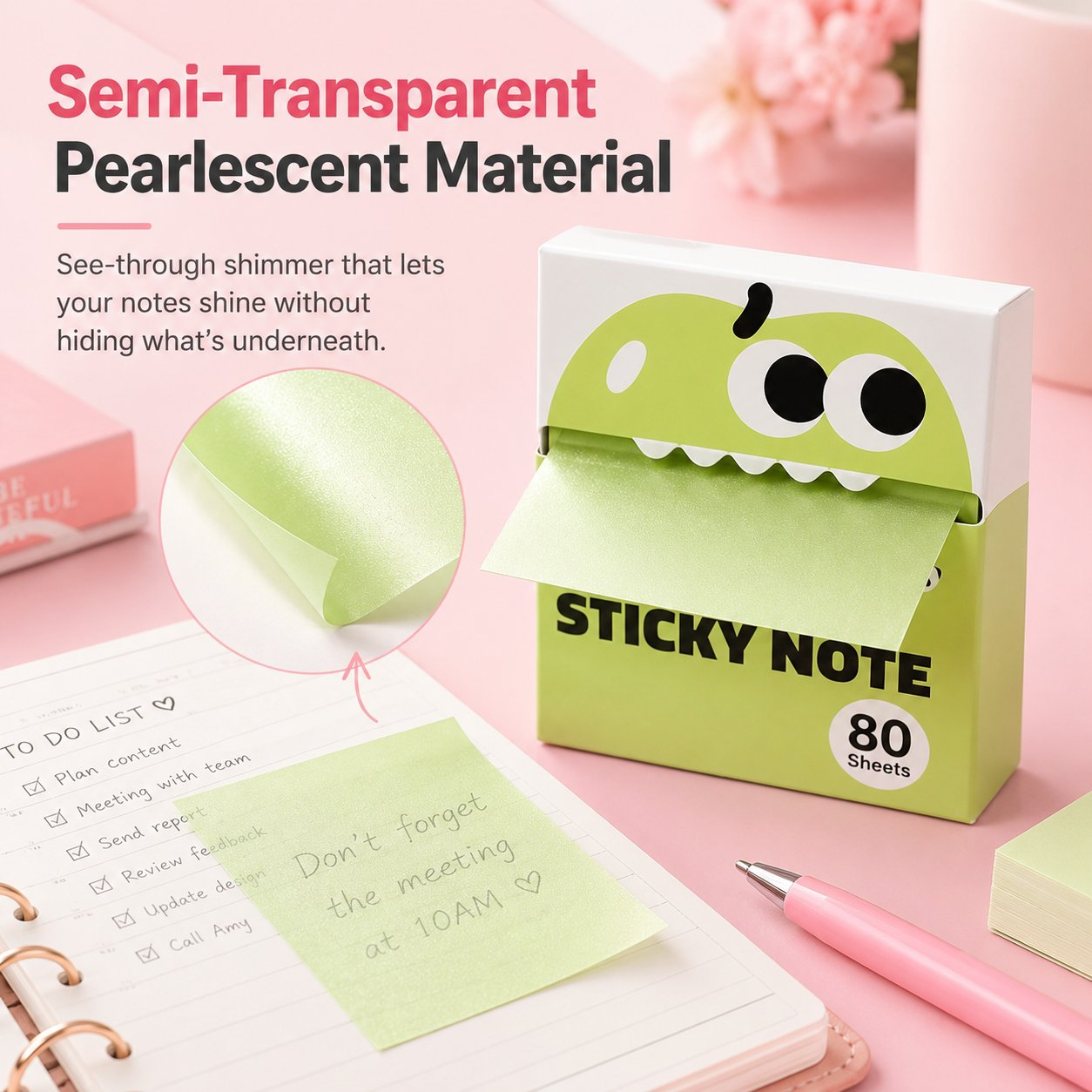 🍓 Fruit Monster Transparent Pull Out Sticky Notes | Semi-Transparent No Residue Index Tabs For Students & Office Marking