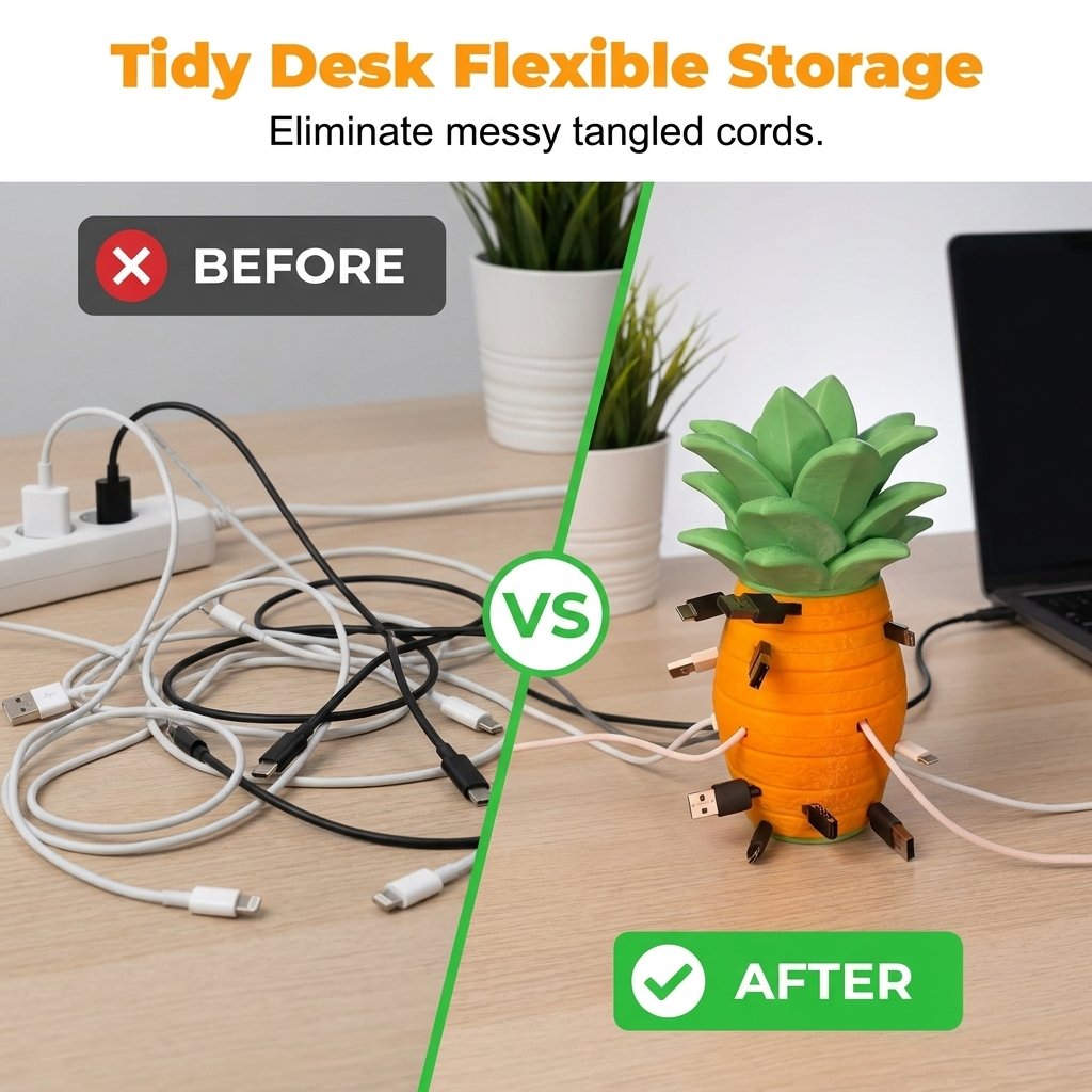 Organized desk with pineapple cord organizer