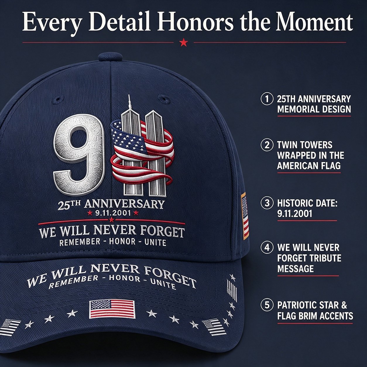 9/11 25th Anniversary We Will Never Forget Printed Memorial Baseball Cap🧢