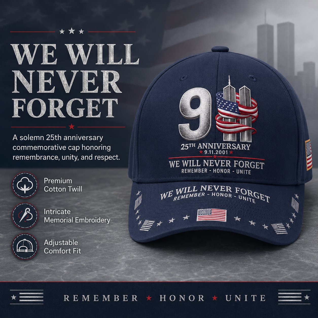 9/11 25th Anniversary We Will Never Forget Printed Memorial Baseball Cap🧢