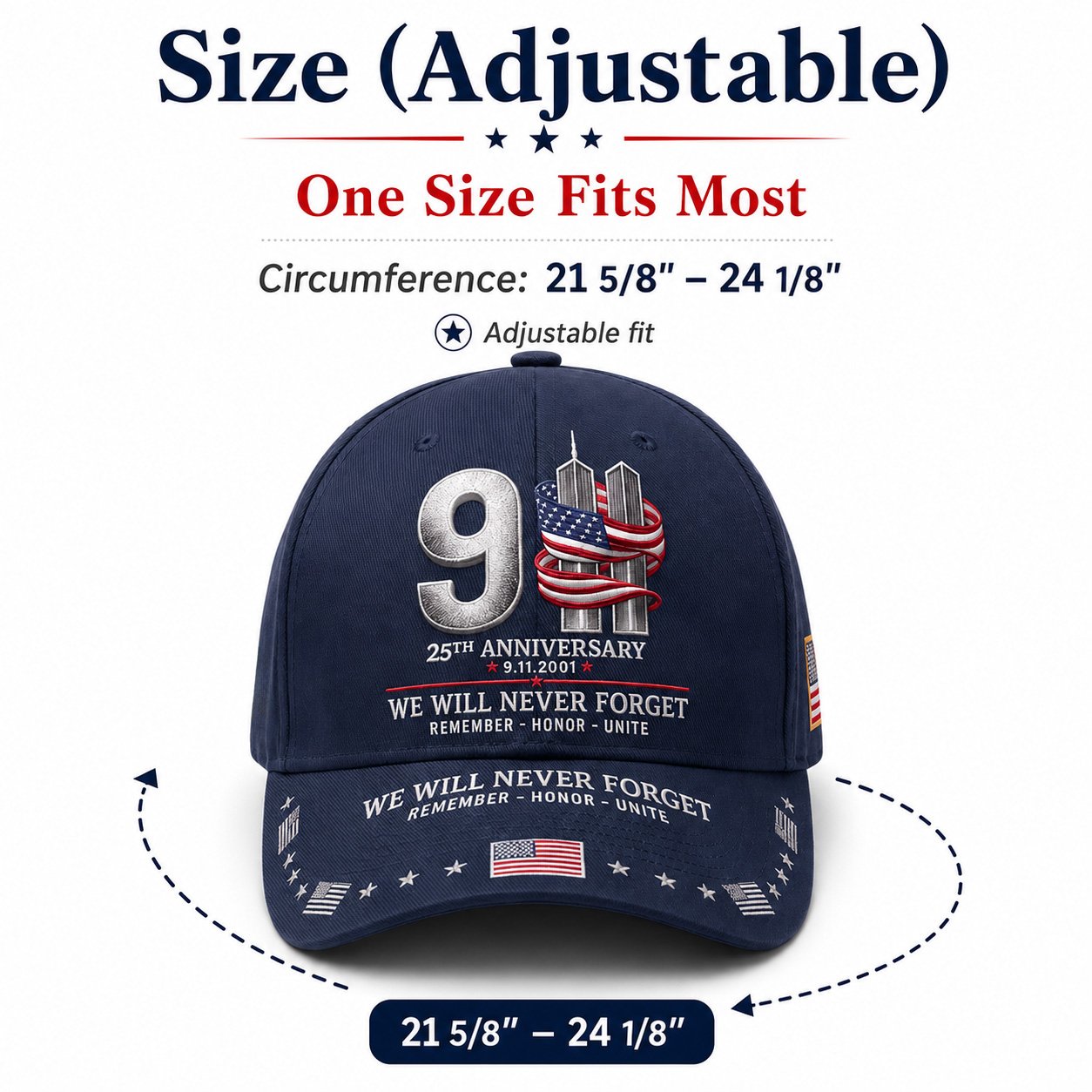 9/11 25th Anniversary We Will Never Forget Printed Memorial Baseball Cap🧢