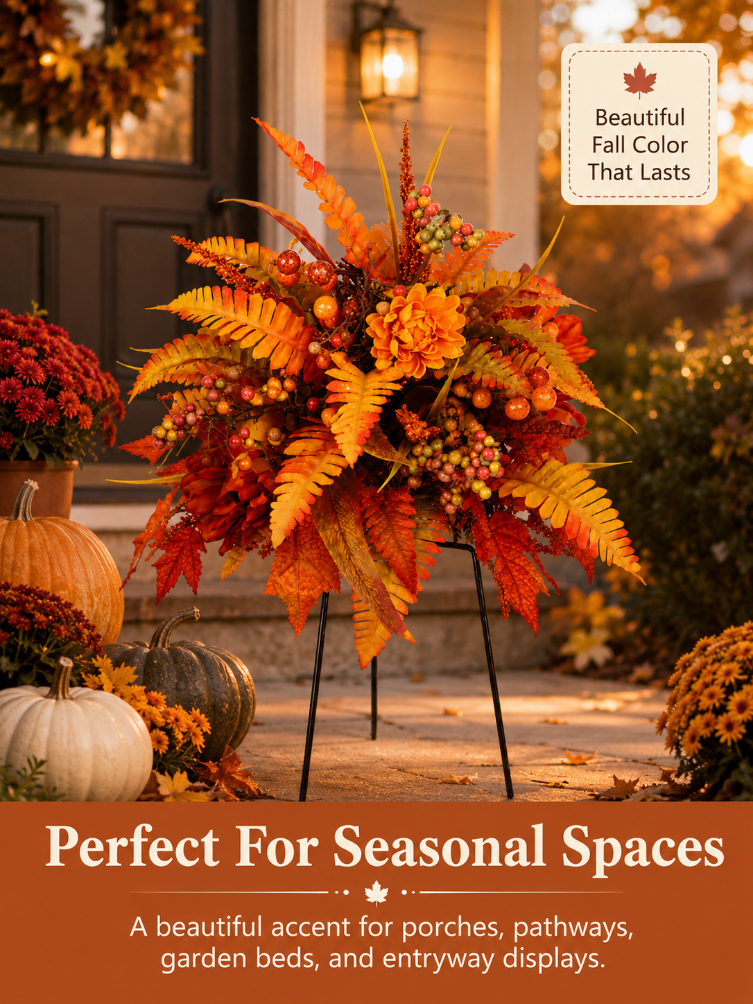 Artificial fall flowers styled with seasonal outdoor decor