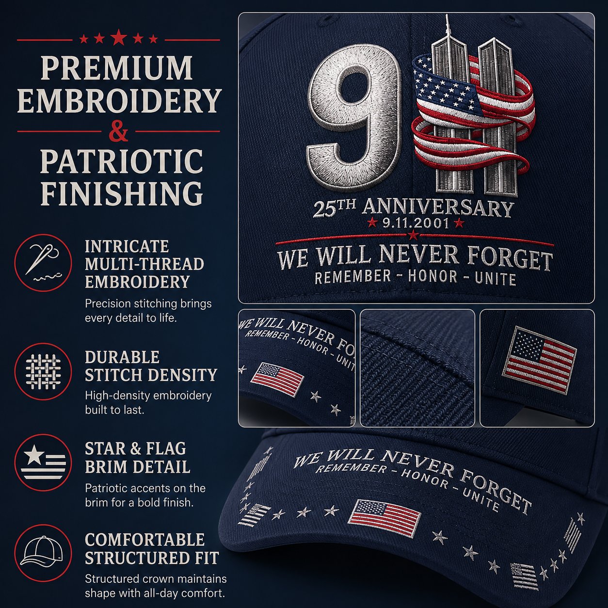 9/11 25th Anniversary We Will Never Forget Printed Memorial Baseball Cap🧢