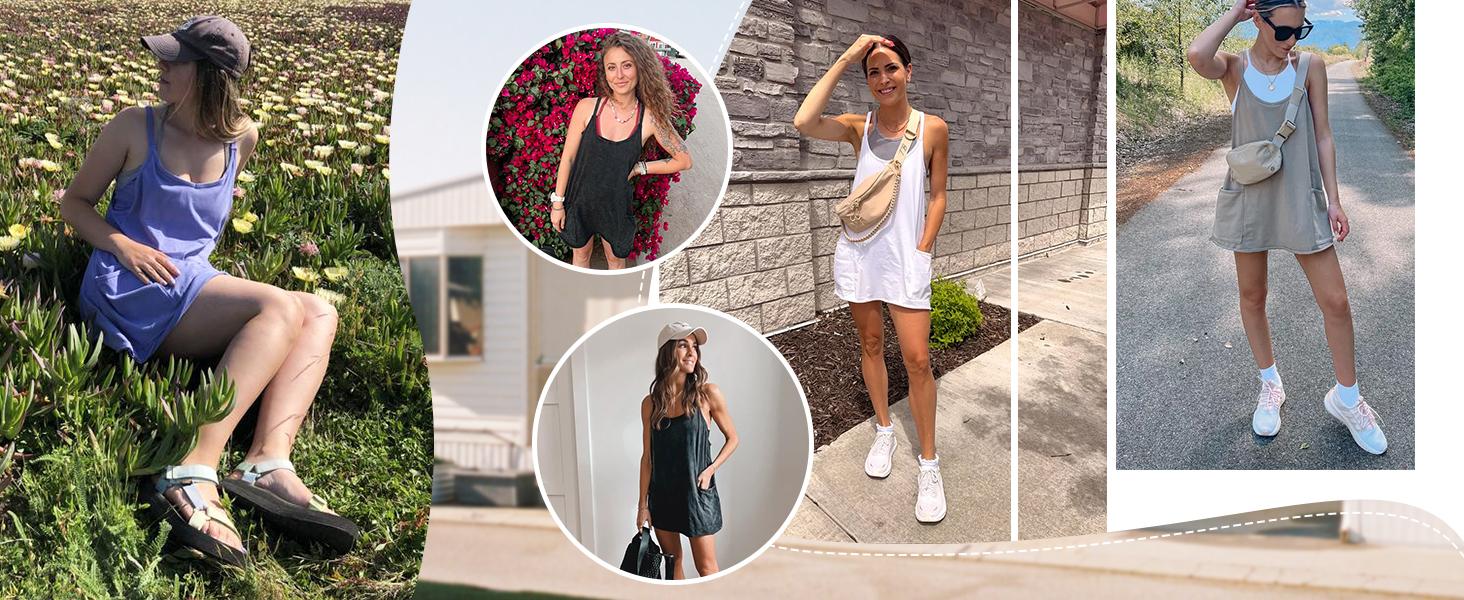 Ommig Womens Athletic Sleeveless Mini Dress with Built-in Shorts V Neck Spaghetti Strap Sundress