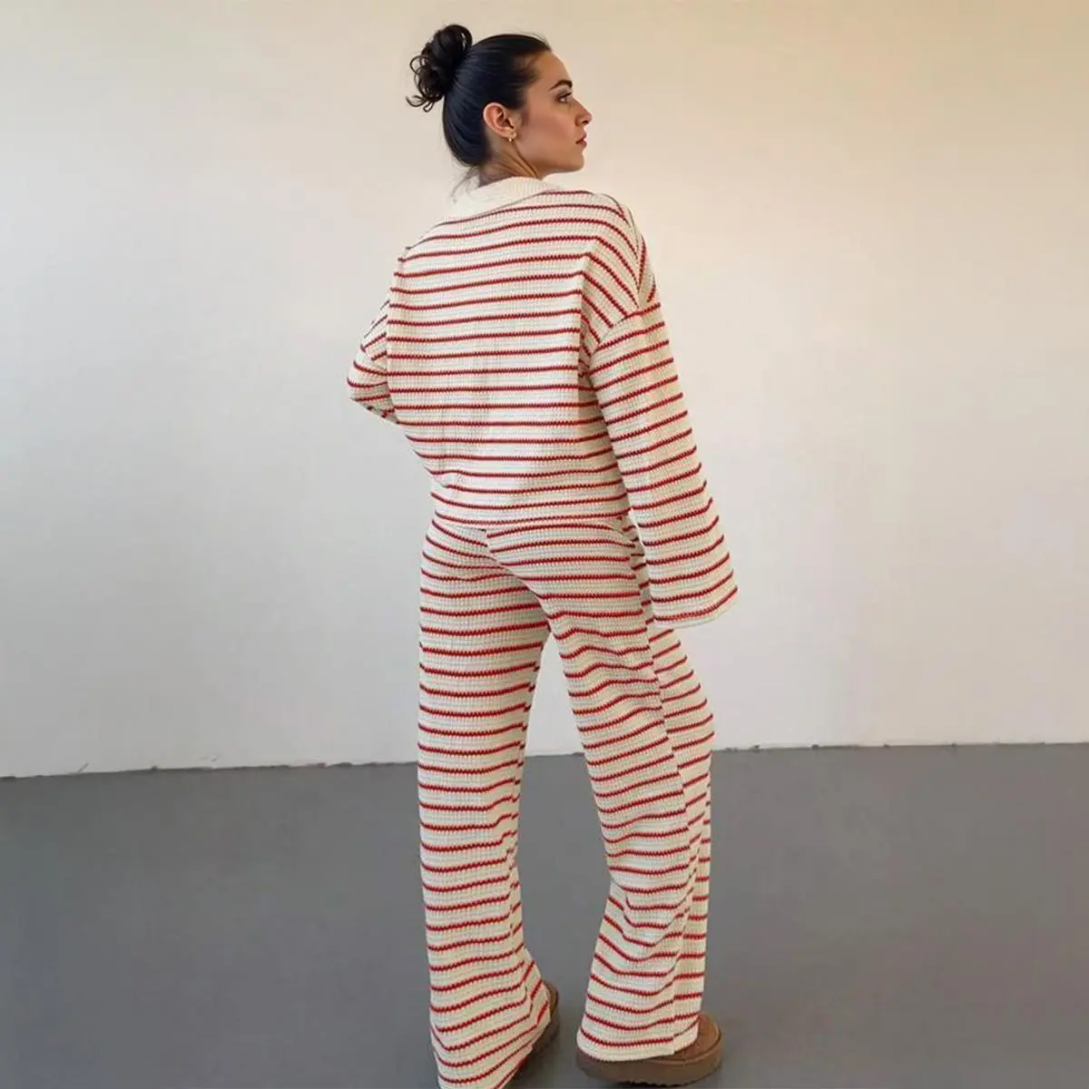 KatchMe Women's Casual Color Matching Stripe Long Sleeve Top & Wide Leg Trousers Co-ord, Soft V-Neck Loose Two Piece Outfits, Comfortable Womenswear（CN）