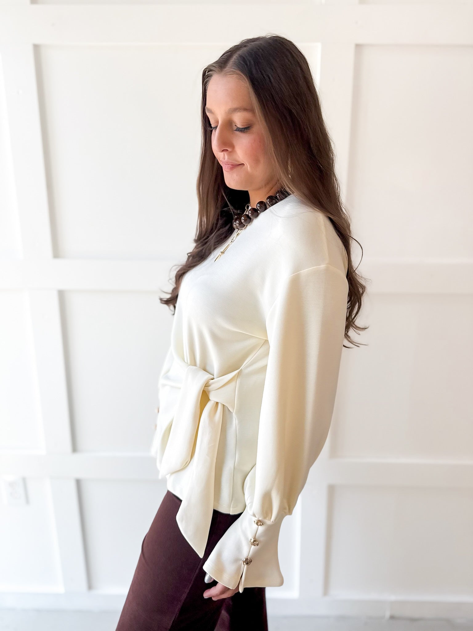 Long Sleeve Wrap Blouse - Cream