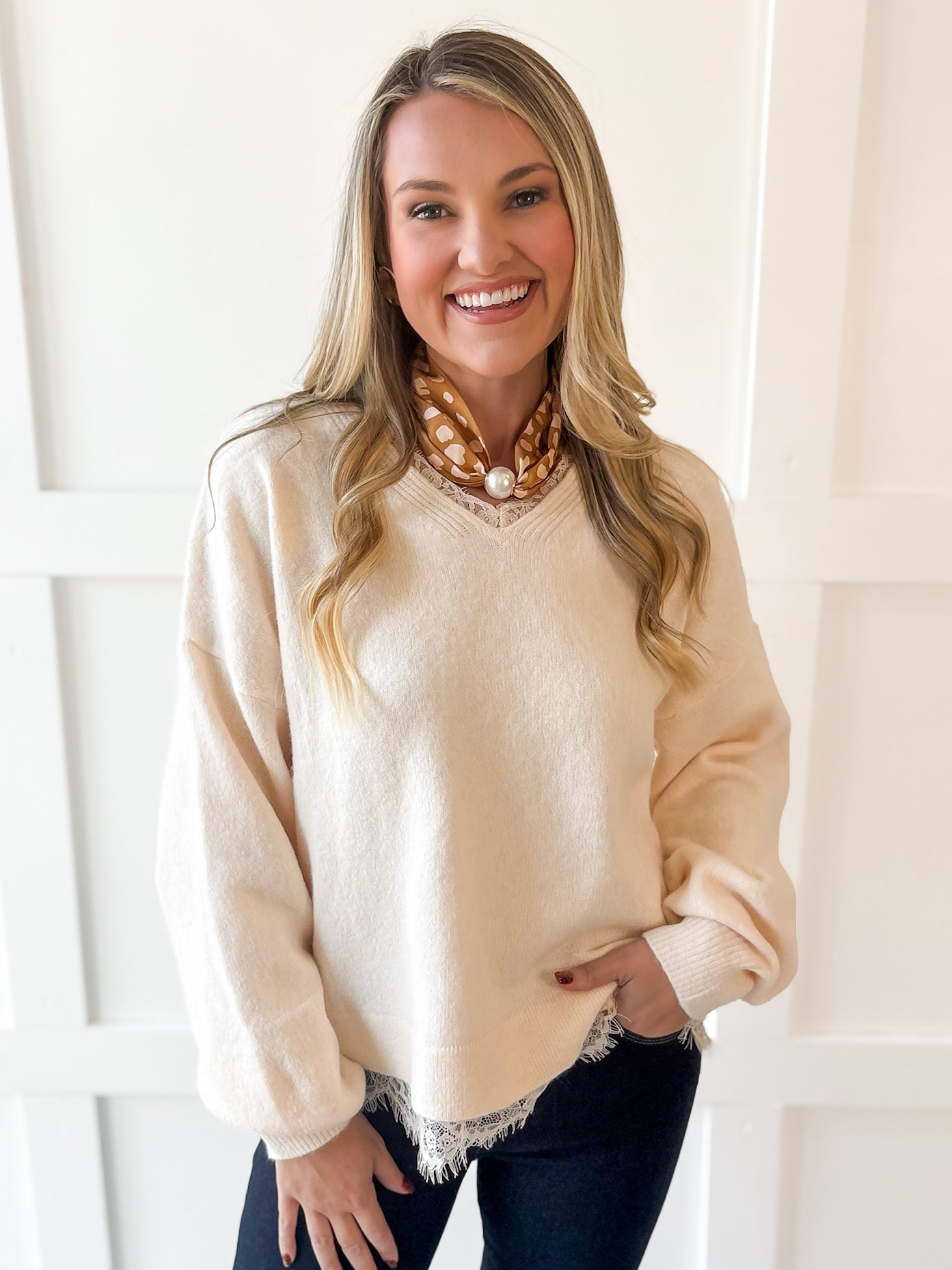Oversized Accent Lace Sweater - Cream