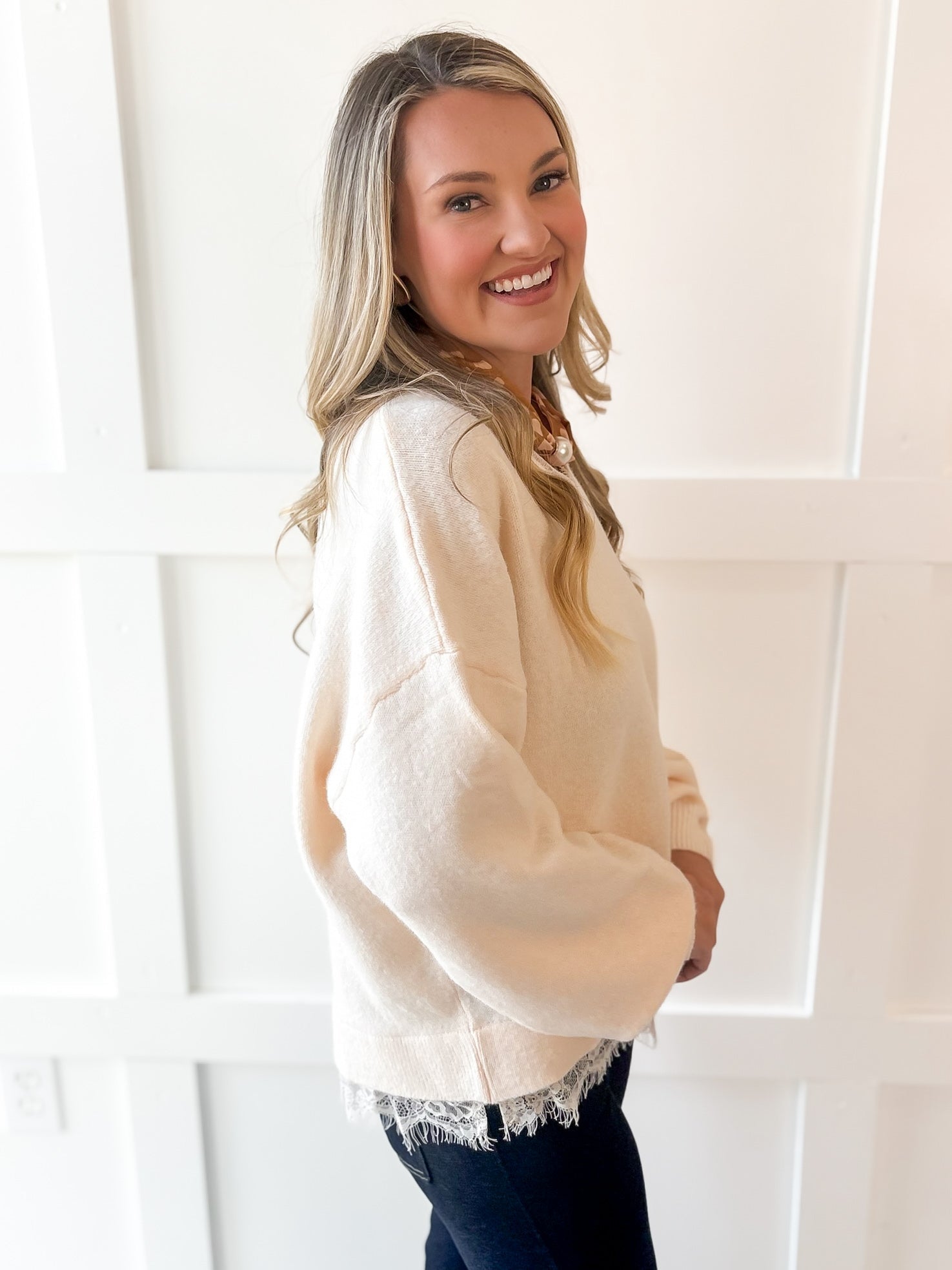 Oversized Accent Lace Sweater - Cream