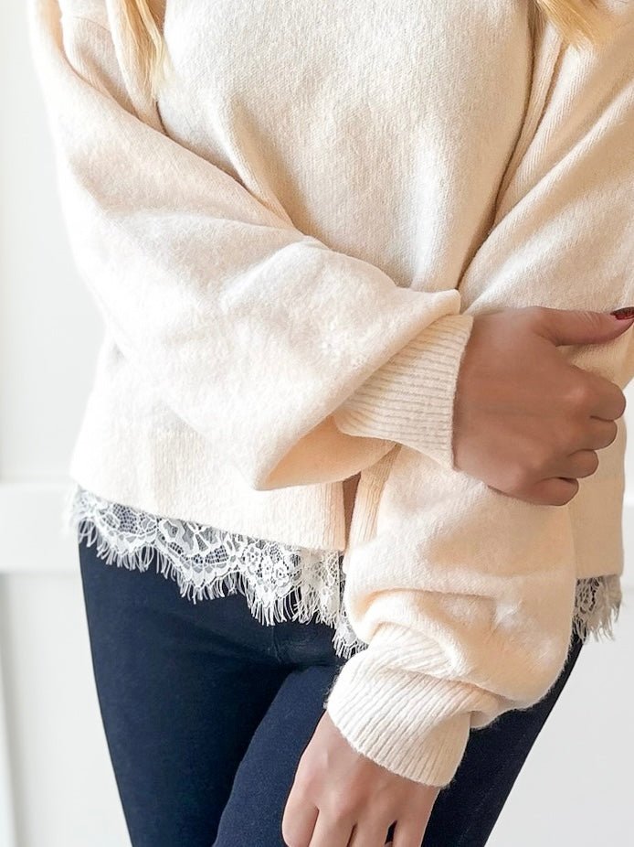 Oversized Accent Lace Sweater - Cream