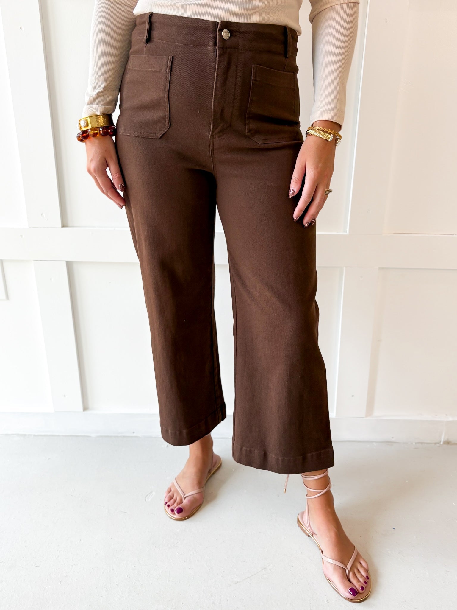 Soft Washed Wide Leg Pants - Brown