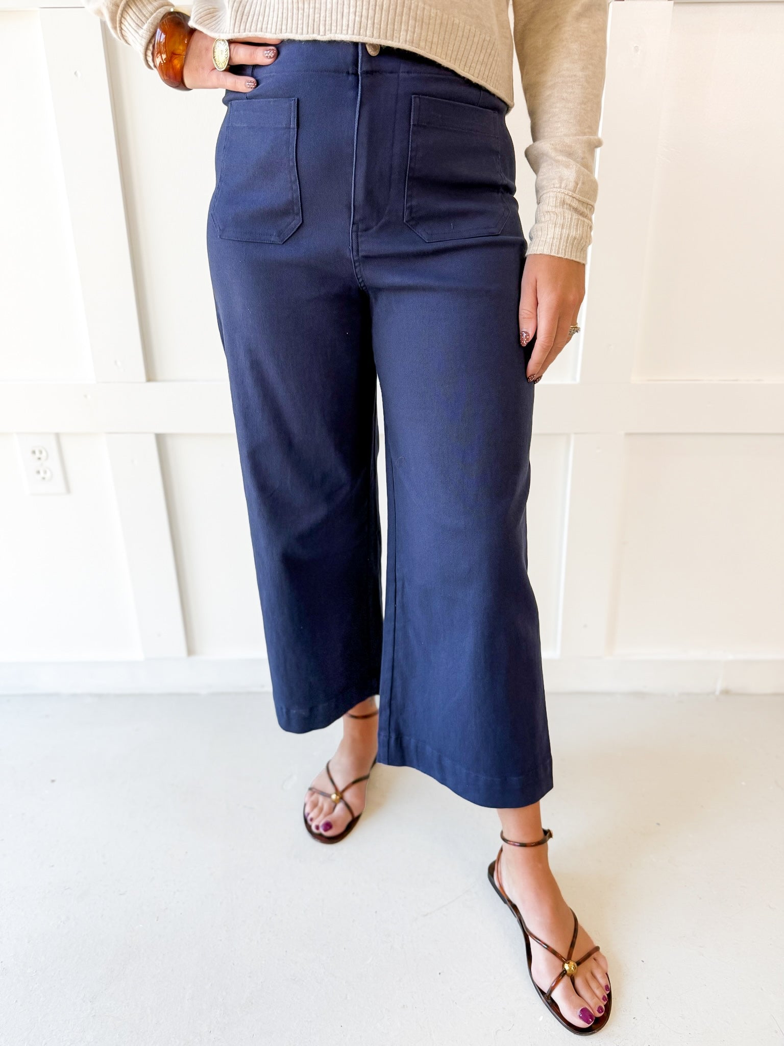 Soft Washed Wide Leg Pants - Navy